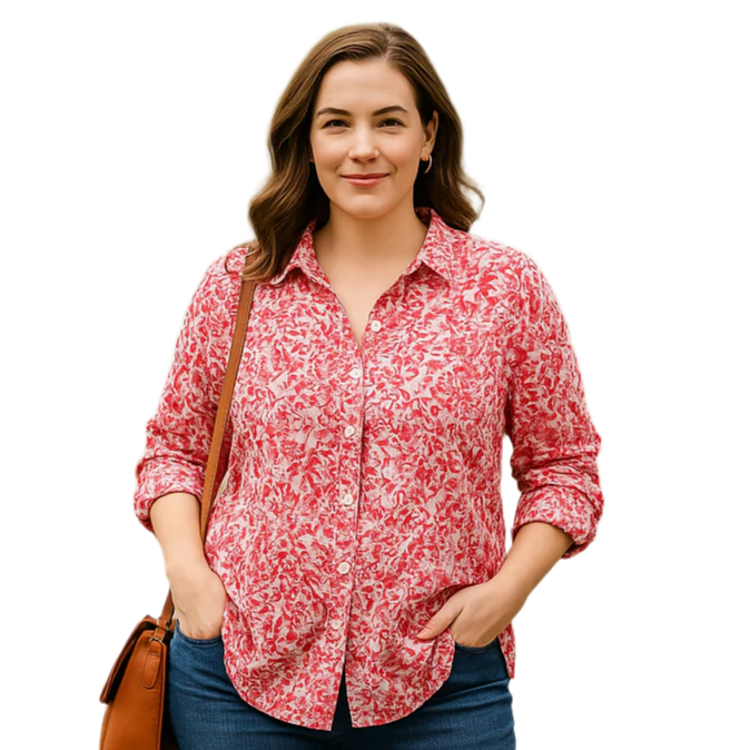 Pink & White Floral Blouse – Button Front – Lightweight Cotton – Size XL (Haggar) ai generated model
