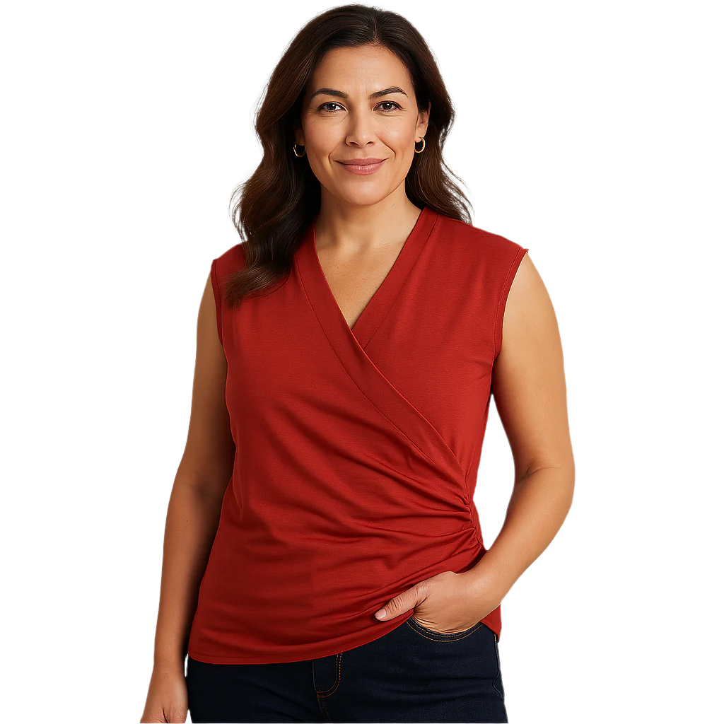 Rust Sleeveless Wrap Top – XL – Ruched Side Detail – Soft & Stretchy (Le Chateau)