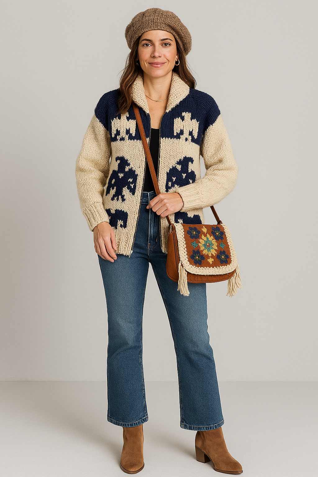 Handmade Cowichan-Style Wool Sweater – Zip-Up – Eagle Motif – Size Medium