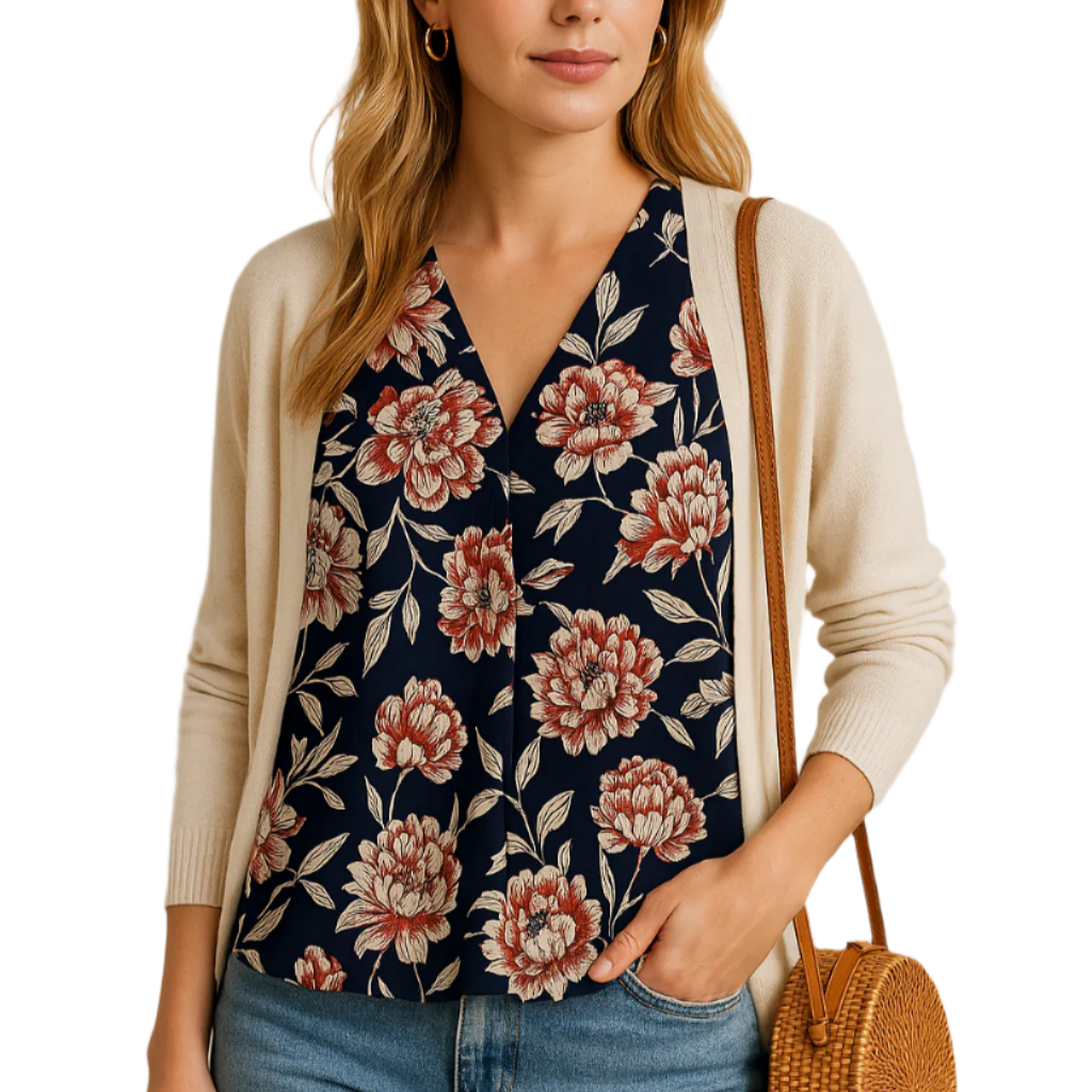Floral Sleeveless Top – Navy & Coral – Lightweight & Stylish – Size L (Missa) on ai model