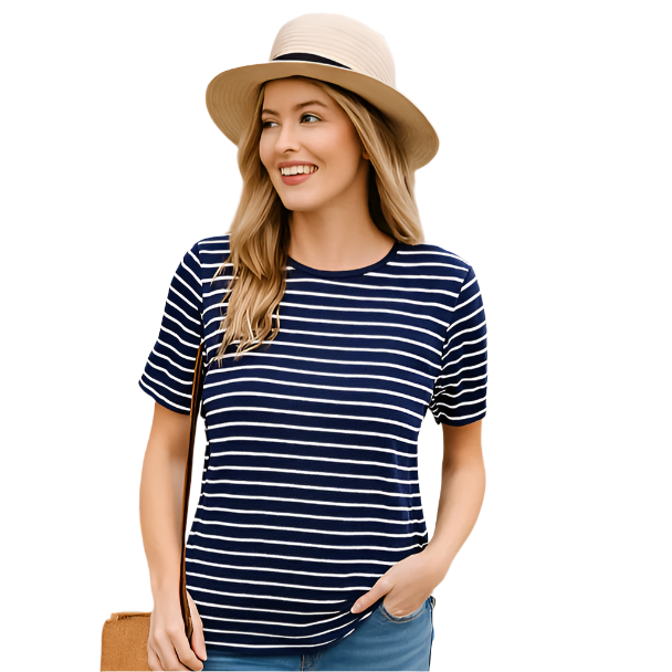 Navy & White Striped Top – Pearl Sleeve Detail – Size M (Suzy Shier) on ai model
