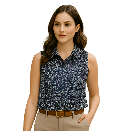 Navy Sleeveless Blouse – Micro Floral Print – Lightweight & Sustainable – Size M (Cleo) on ai model