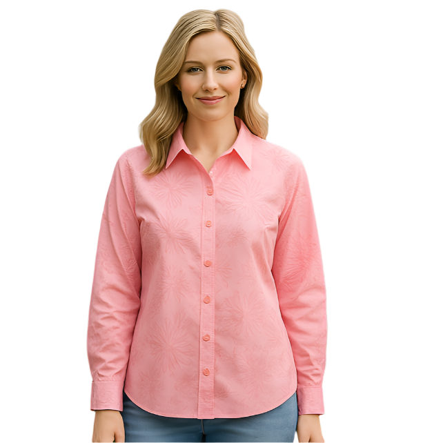 Floral Button-Up Blouse – Long Sleeve – Pink Tonal Print – Size L (Reitmans) on ai model