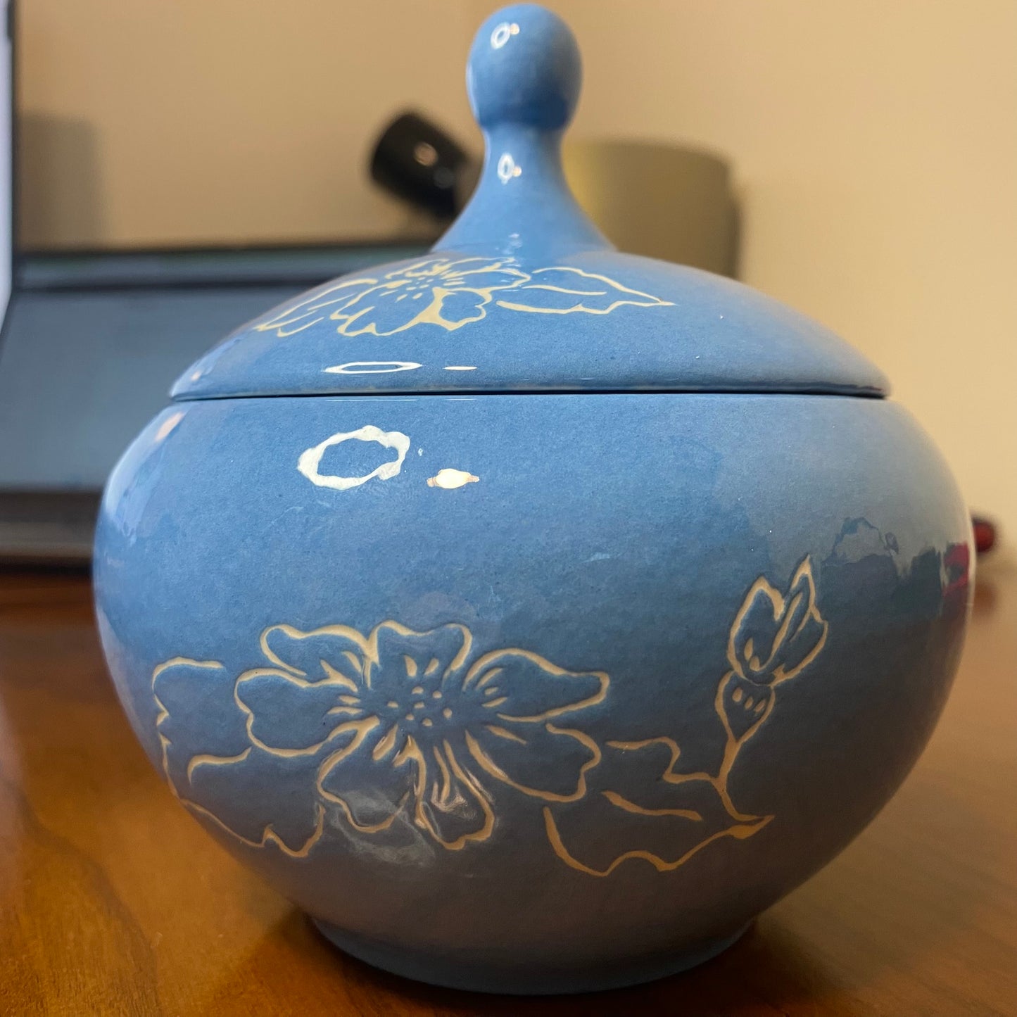 Lidded Decorative Ginger Jar Blue With White Flowers 5"H x 5"W
