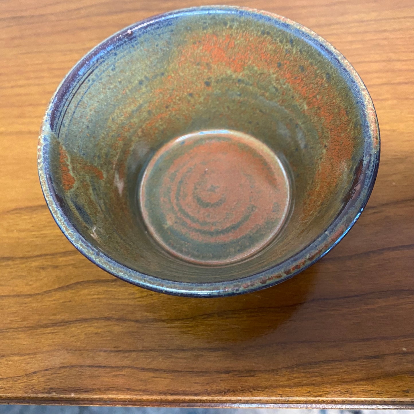 Pottery Bowl Green Rust Orange Print 2"H x 4"W
