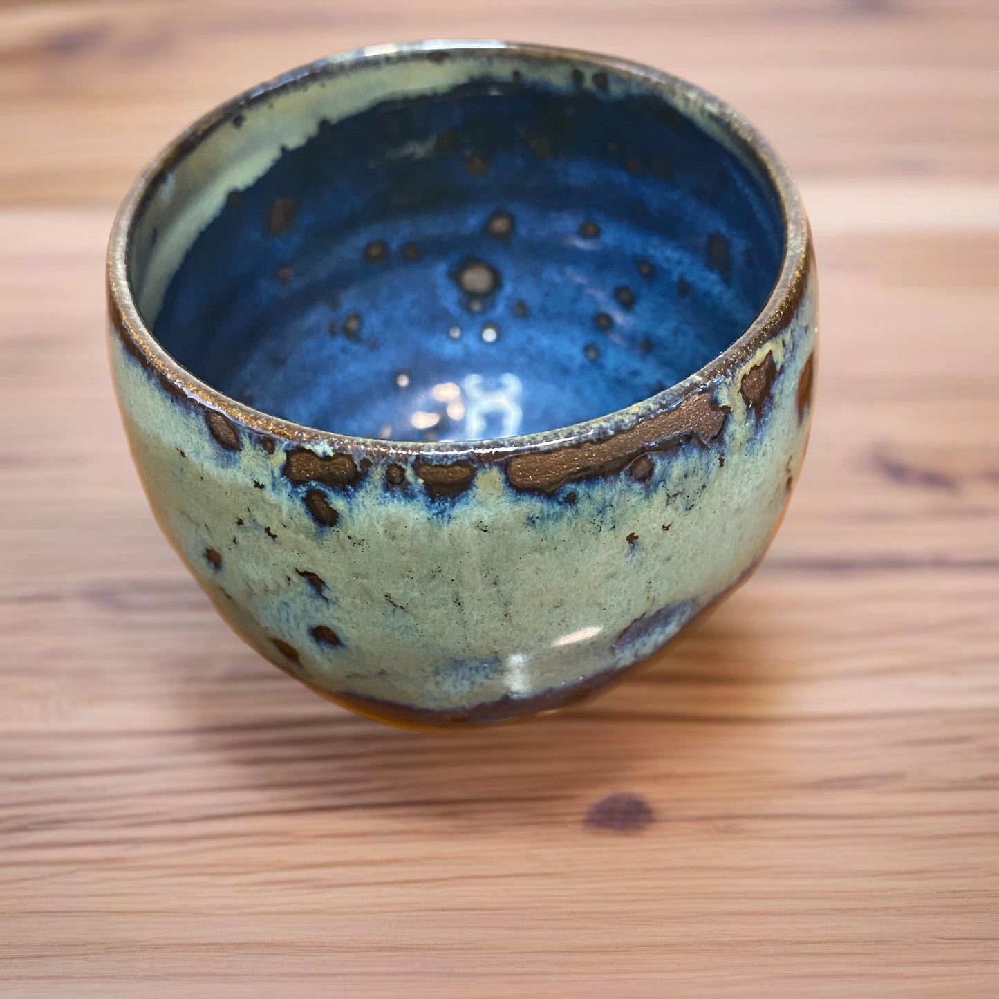 Handmade Pottery Teacup Blue Green Print 3"H x 3"W