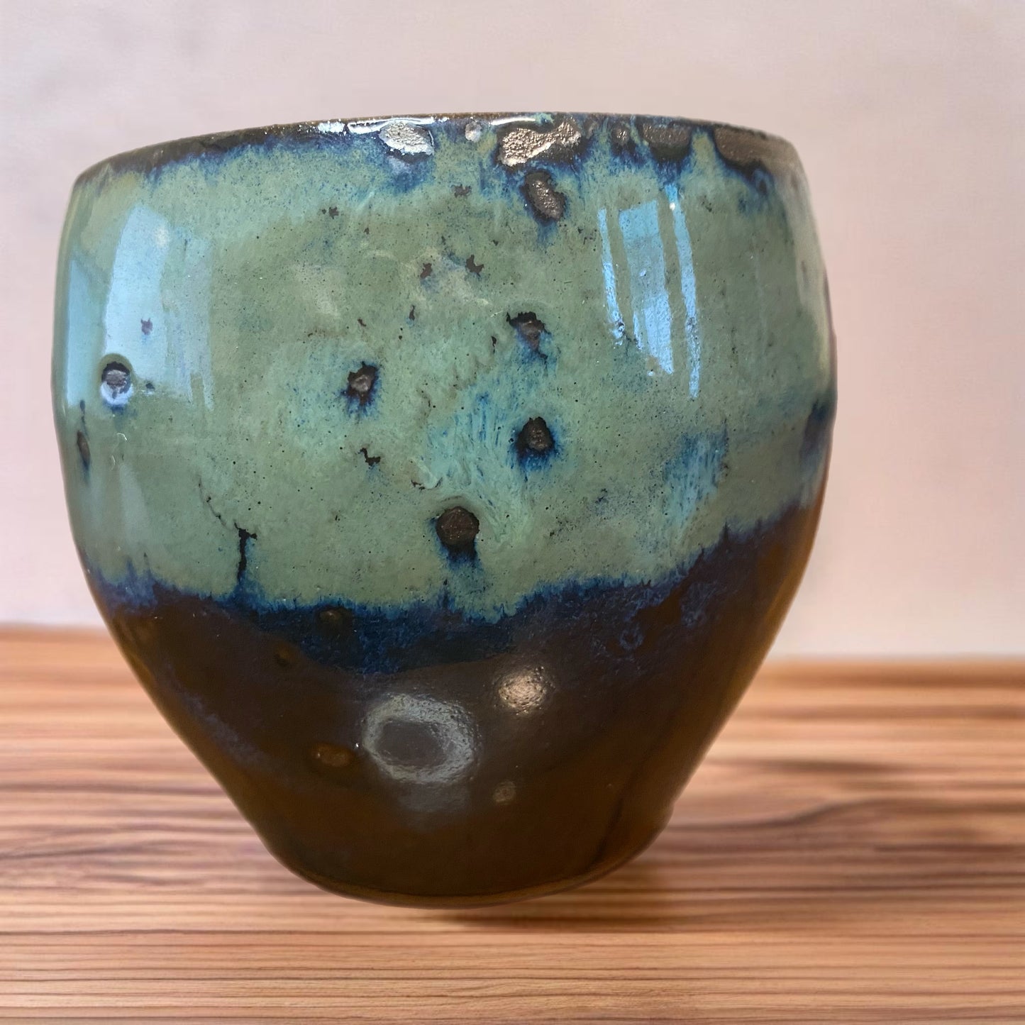 Handmade Pottery Teacup Blue Green Print 3"H x 3"W