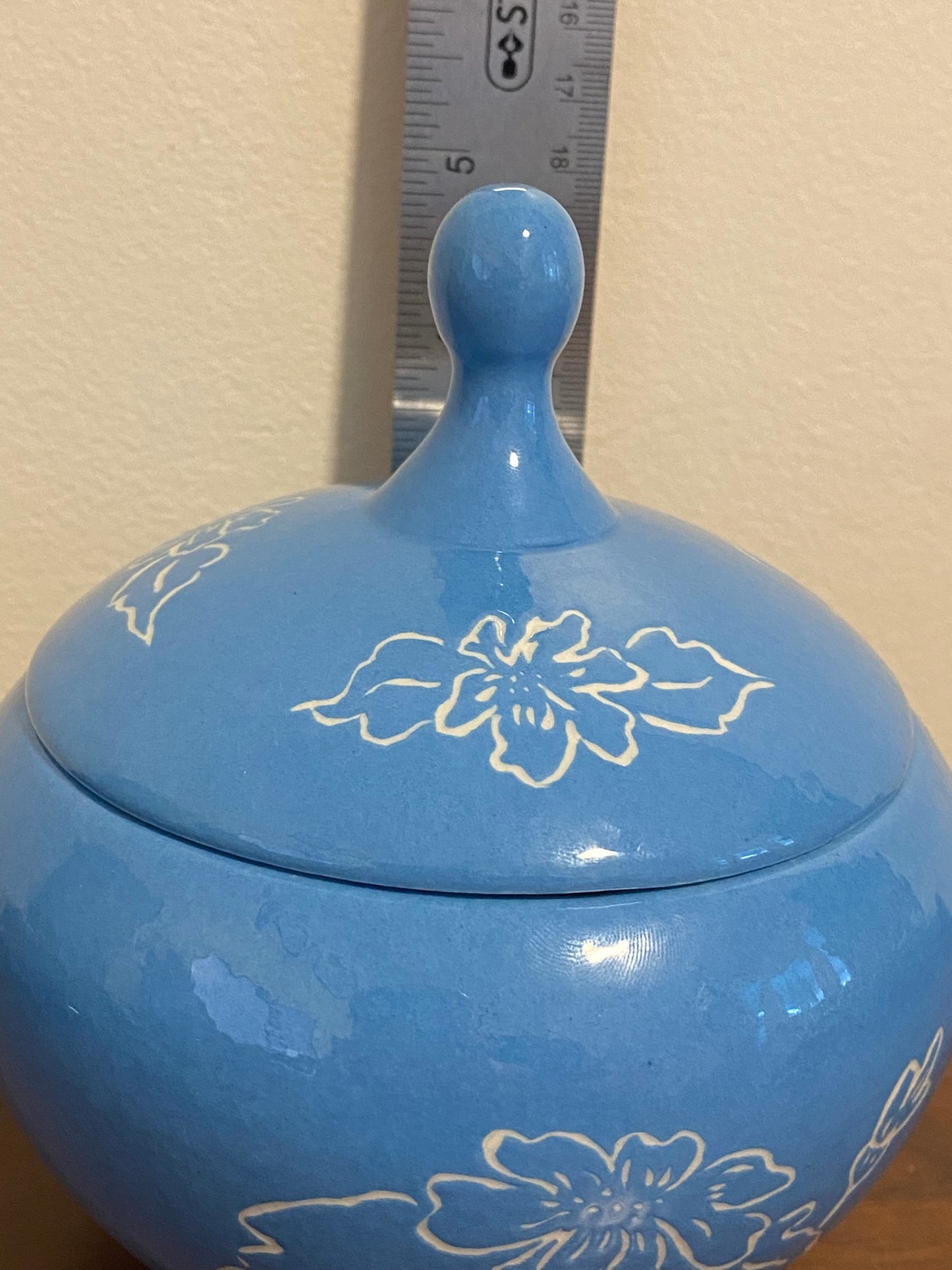 Lidded Decorative Ginger Jar Blue With White Flowers 5"H x 5"W