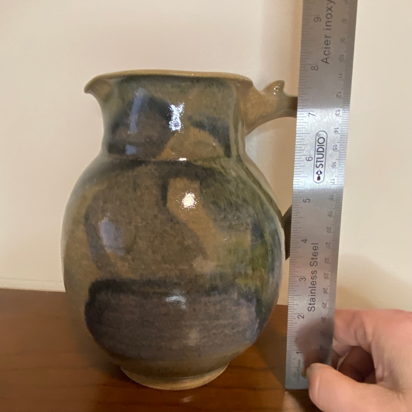 Vintage Handmade Pottery Jug Water Pitcher Blue Green Tan 6"W x 8"H