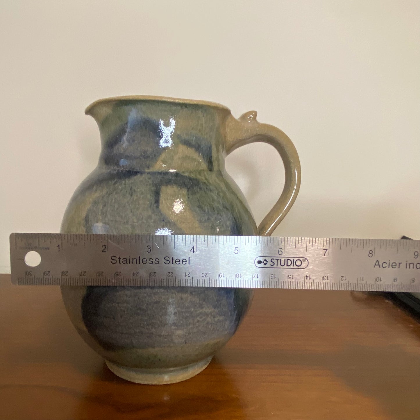 Vintage Handmade Pottery Jug Water Pitcher Blue Green Tan 6"W x 8"H