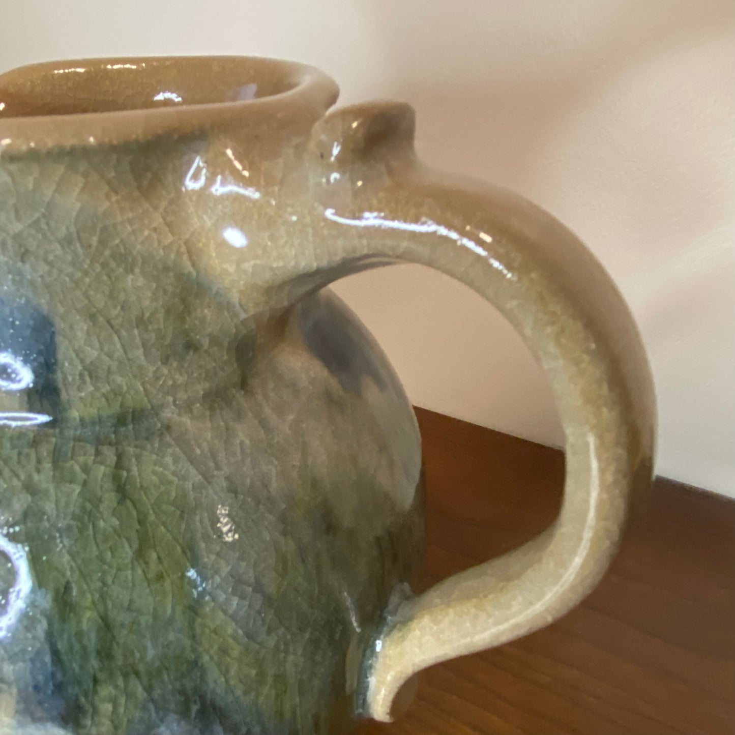 Vintage Handmade Pottery Jug Water Pitcher Blue Green Tan 6"W x 8"H