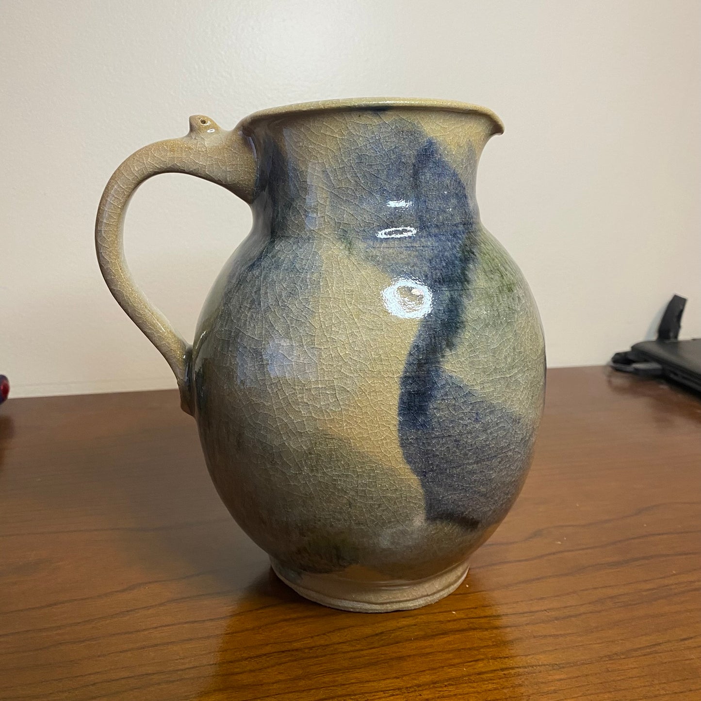 Vintage Handmade Pottery Jug Water Pitcher Blue Green Tan 6"W x 8"H