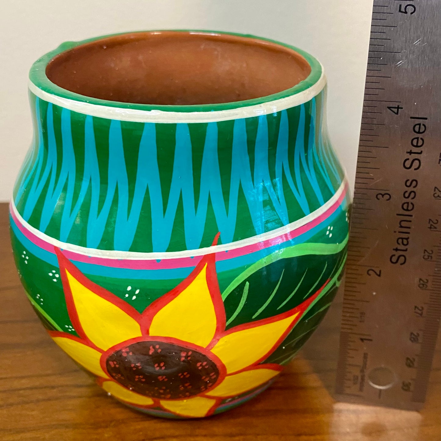 Hand Painted Mexican Vase Green Sunflower 3"W x 4.5"W