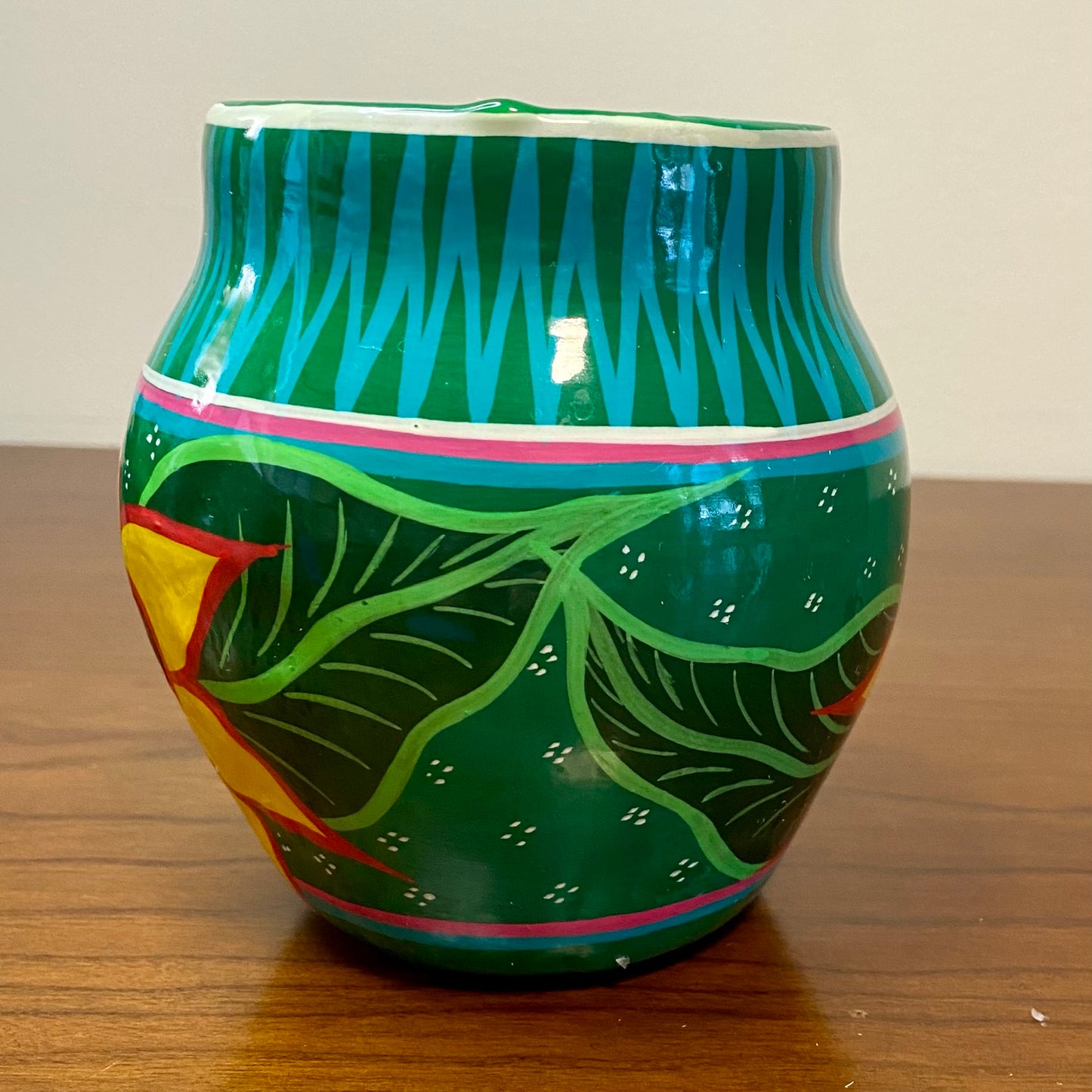 Hand Painted Mexican Vase Green Sunflower 3"W x 4.5"W