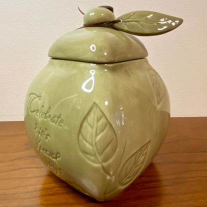 Carlton "Celebrate Life's Special Joys" Jar with Lid Green Leaf Print 7"H