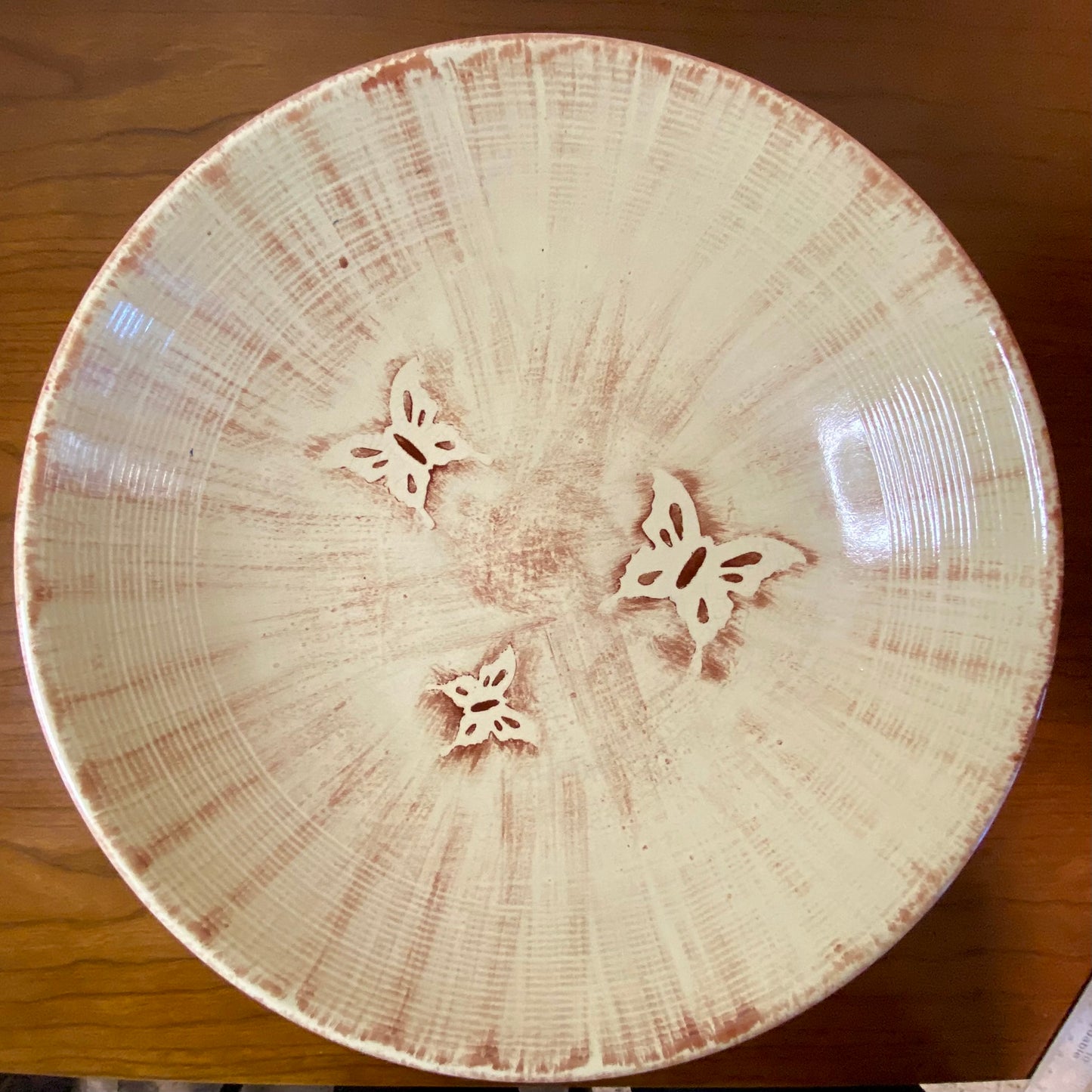 Pottery Butterfly Art Deco Fruit Bowl Tan 14"W x 3"H