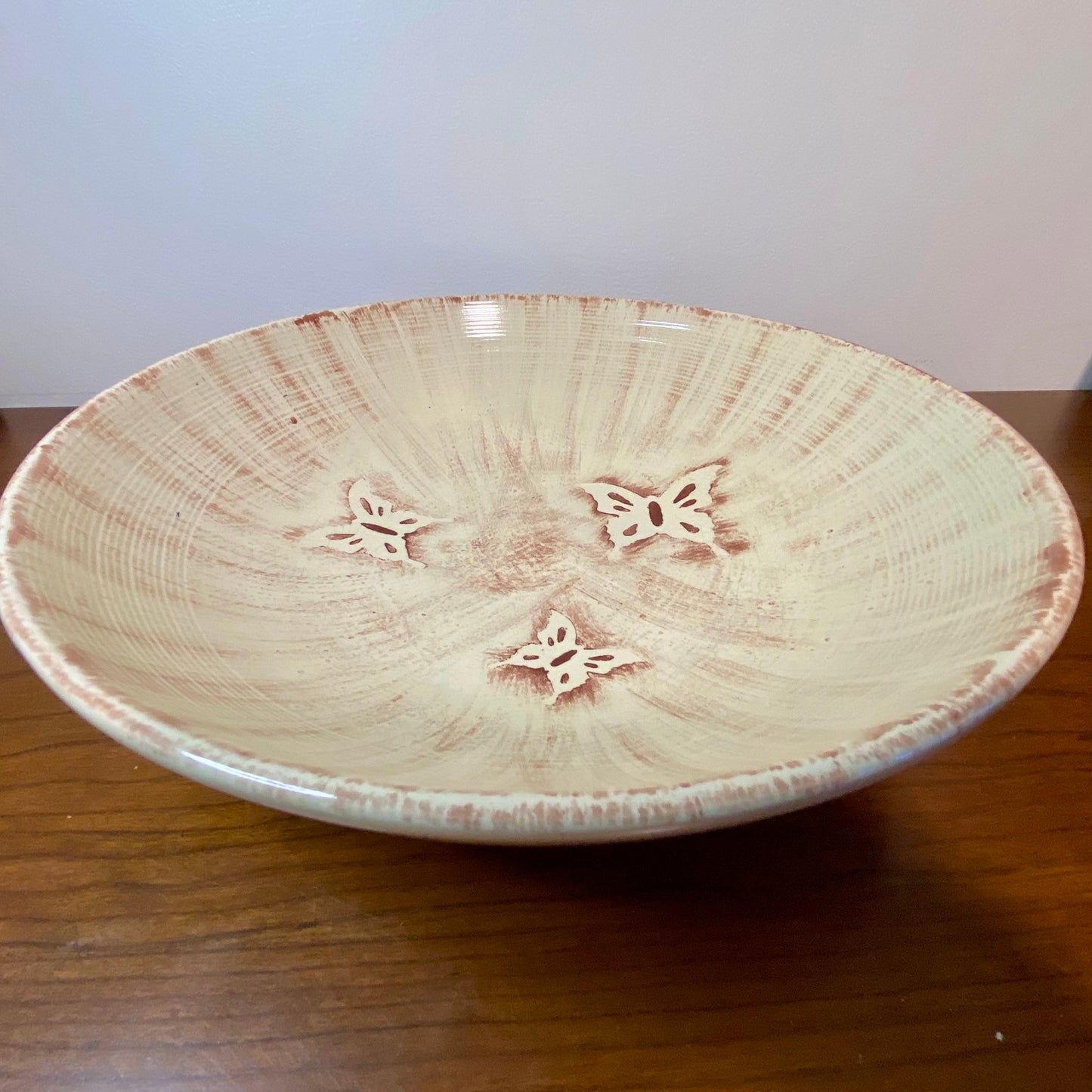 Pottery Butterfly Art Deco Fruit Bowl Tan 14"W x 3"H