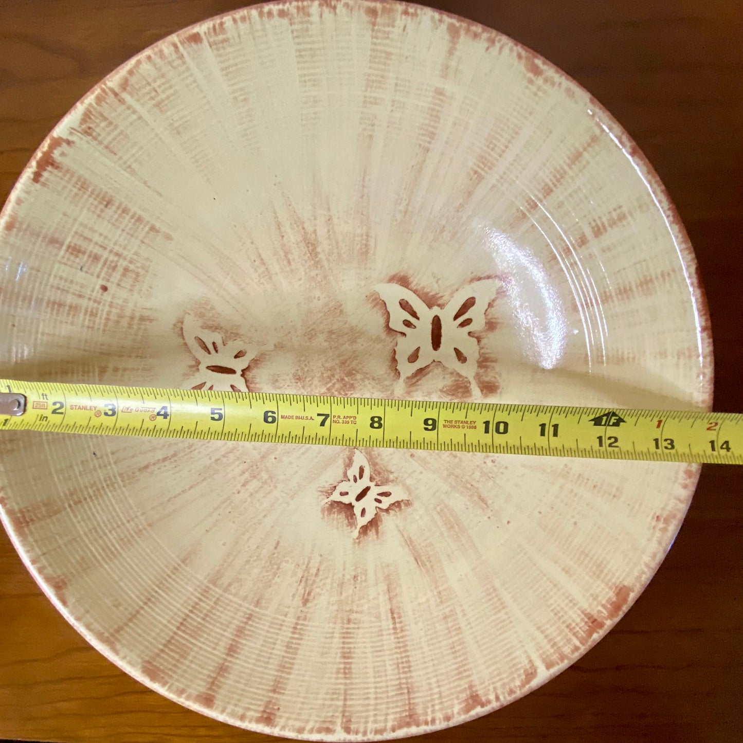 Pottery Butterfly Art Deco Fruit Bowl Tan 14"W x 3"H