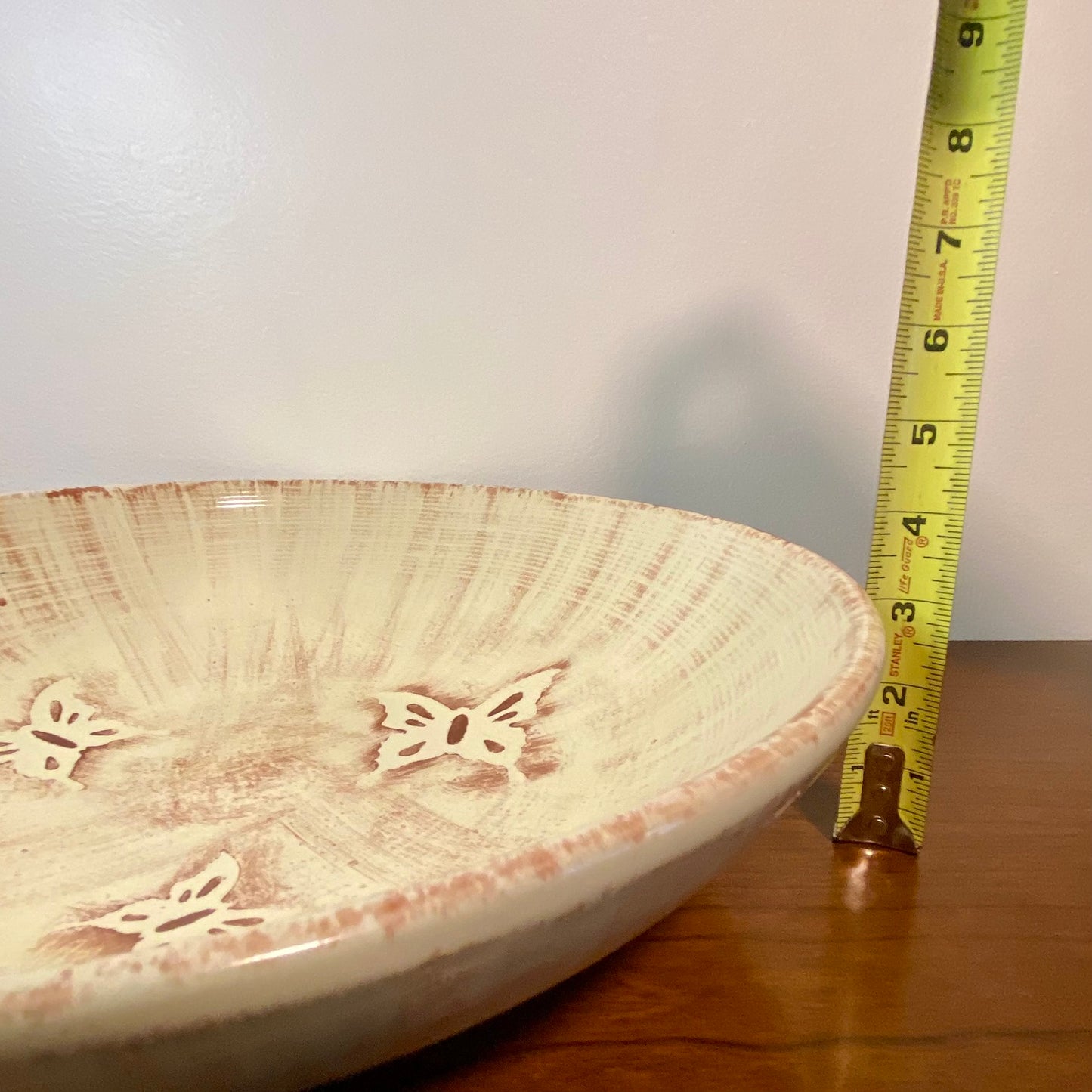 Pottery Butterfly Art Deco Fruit Bowl Tan 14"W x 3"H