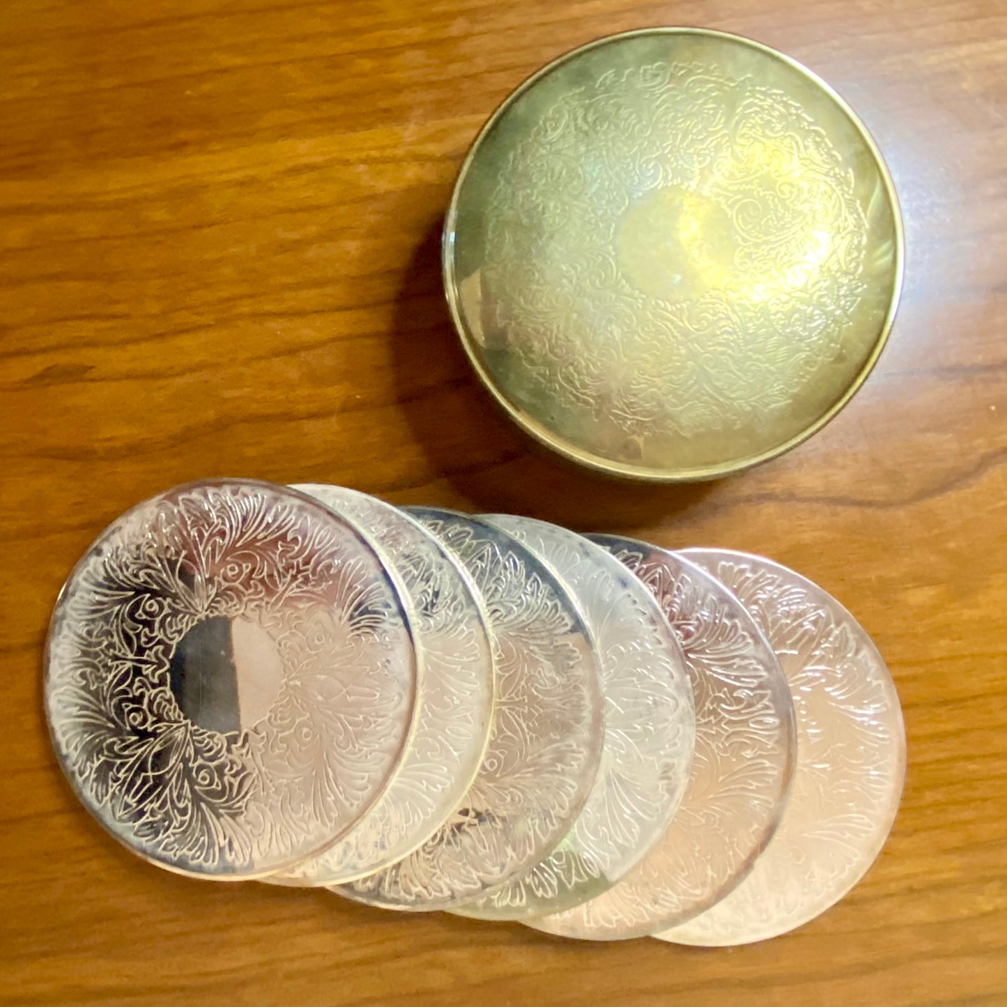 Silver Plated Coaster Set with Container With Patina 7 pieces