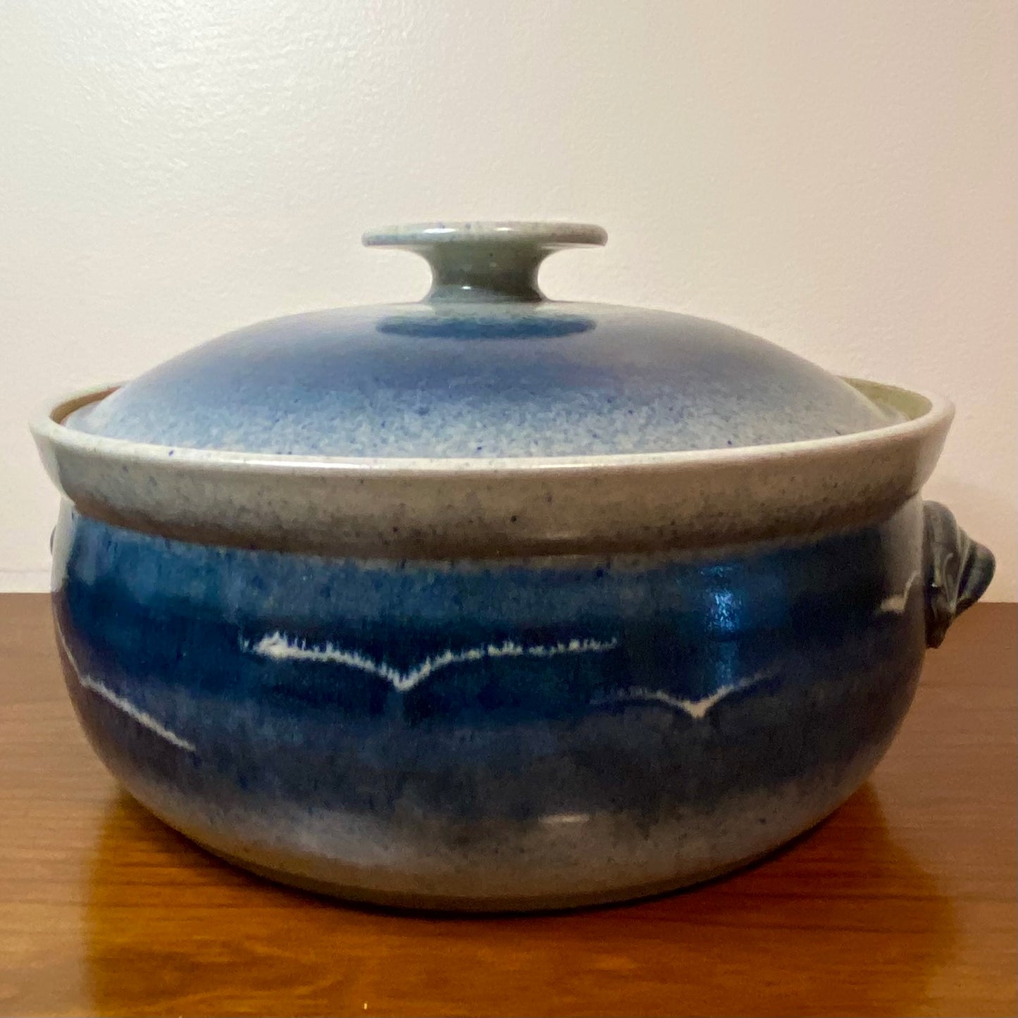 Pottery Crock Bowl Casserole With Lid Blue Sky Birds Print 9.25"W x 4"H