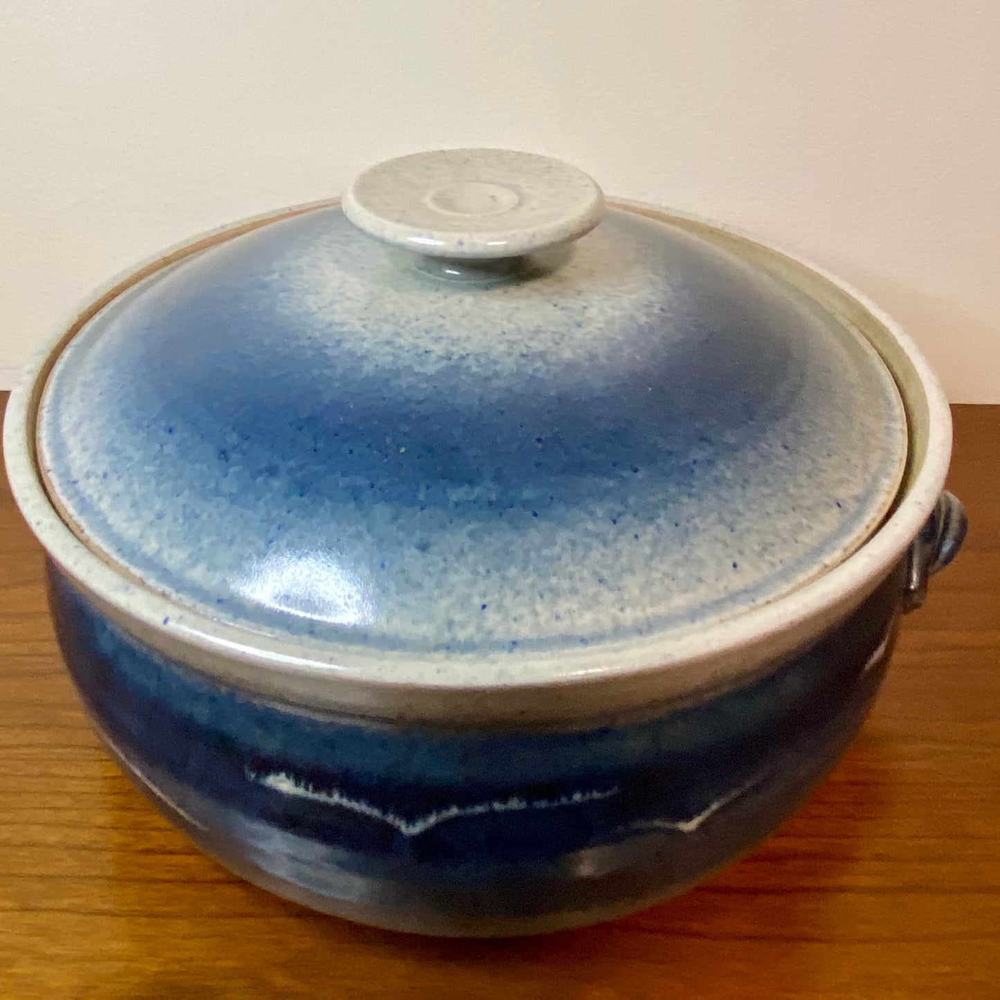Pottery Crock Bowl Casserole With Lid Blue Sky Birds Print 9.25"W x 4"H