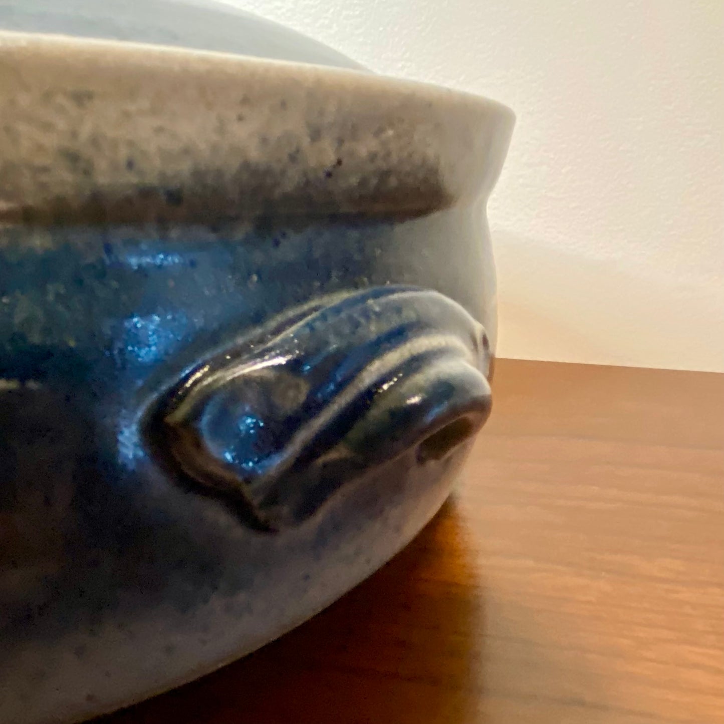 Pottery Crock Bowl Casserole With Lid Blue Sky Birds Print 9.25"W x 4"H