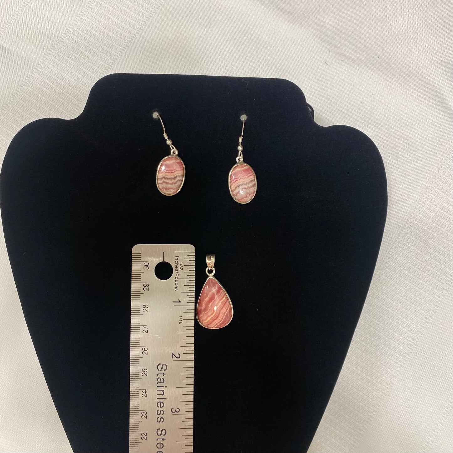 Sterling Silver 925 Rhodochrosite Earrings, Pendant and Ring Set Silver Pink