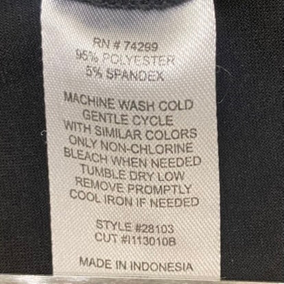 Sweet Storm Women's Raglan Short Sleeve Top with Arm Slits – Black, Size Large view of care instruction tag