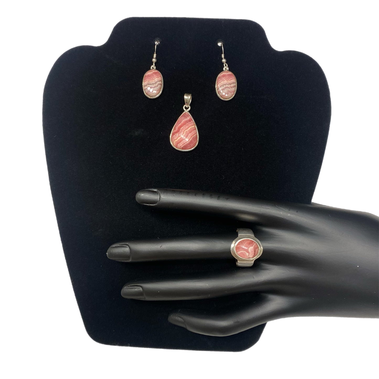 Sterling Silver 925 Rhodochrosite Earrings, Pendant and Ring Set Silver Pink