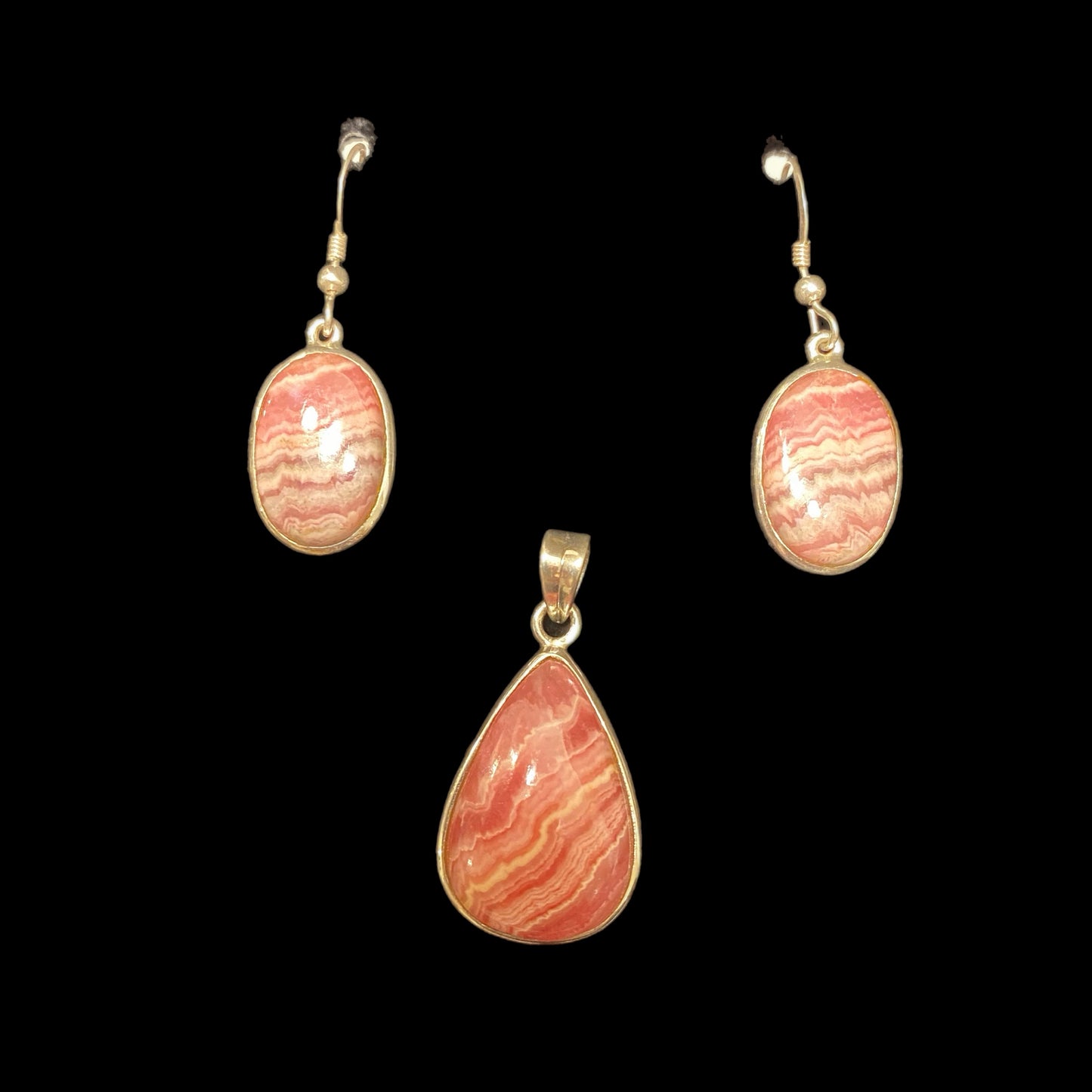 Sterling Silver 925 Rhodochrosite Earrings, Pendant and Ring Set Silver Pink