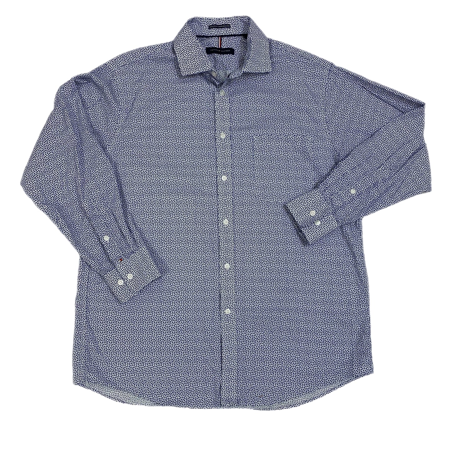 Tommy Hilfiger Men's Long Sleeve Button Down Shirt, Size Large, White and Navy Print