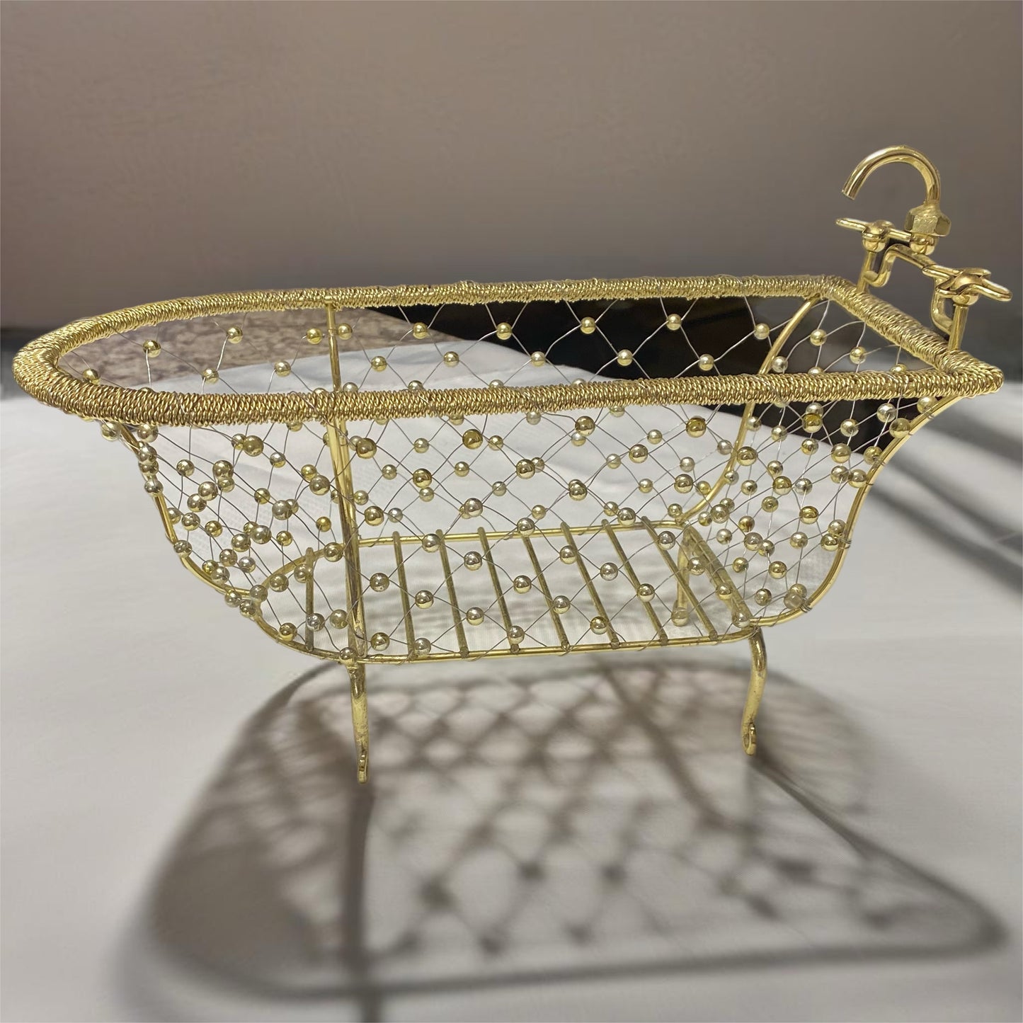 Bathroom Accent Wire Beaded Bathtub Gold Decorative Basket