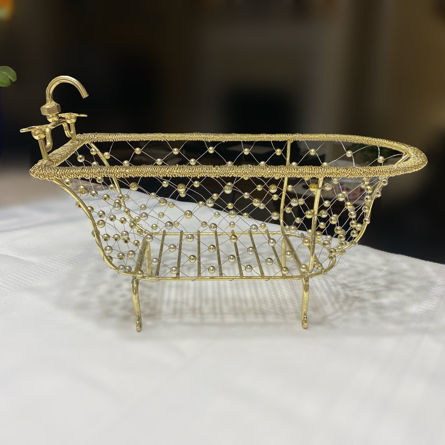 Bathroom Accent Wire Beaded Bathtub Gold Decorative Basket