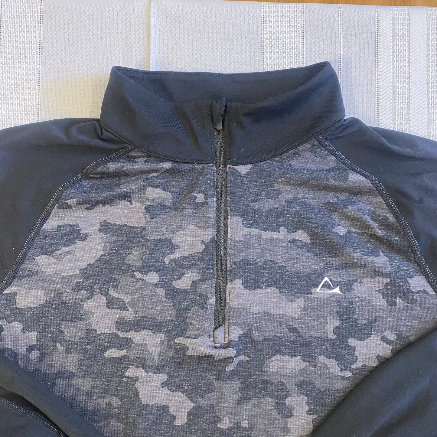 Paradox Women's Black Camouflage Quarter-Zip Pullover – Long Sleeve Activewear, Size Medium showing detailed view of front zipper and print