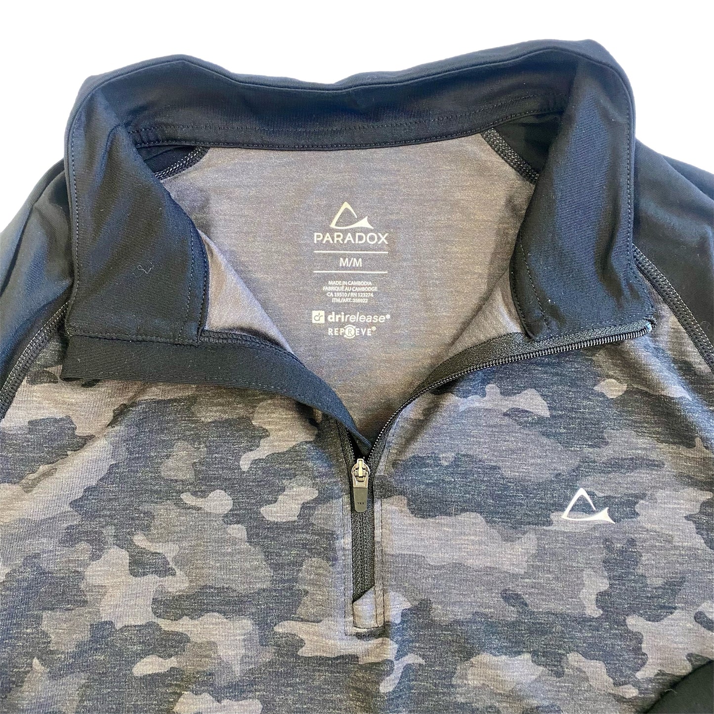 Paradox Women's Black Camouflage Quarter-Zip Pullover – Long Sleeve Activewear, Size Medium showing clothing label