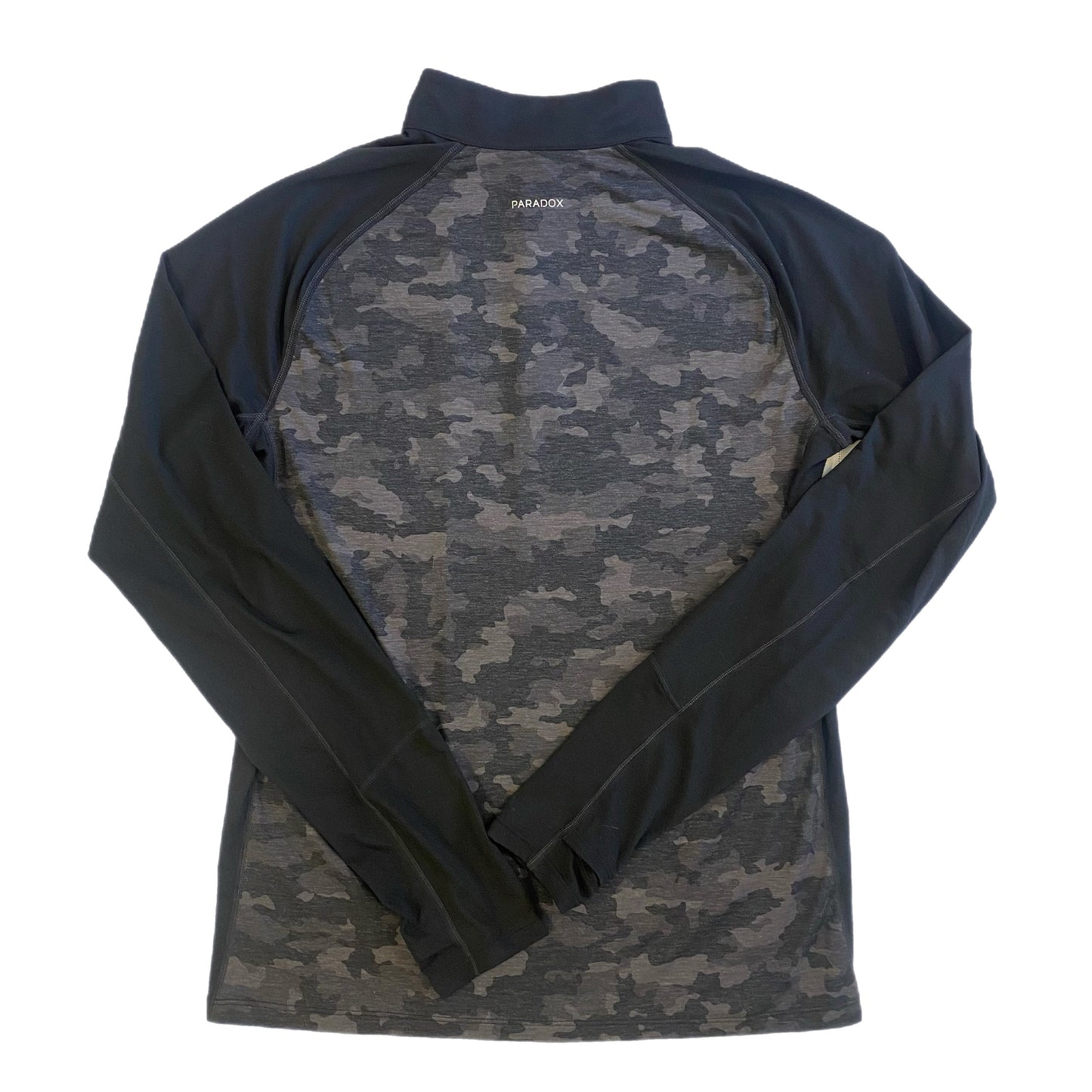 Paradox Women's Black Camouflage Quarter-Zip Pullover – Long Sleeve Activewear, Size Medium flat lay back