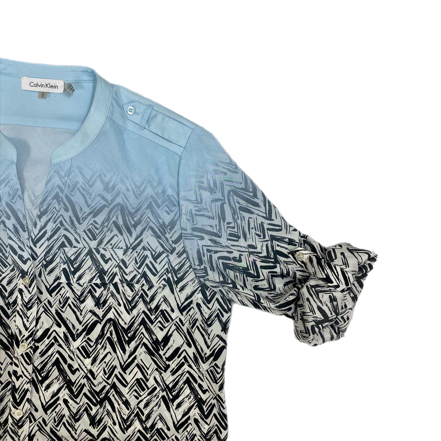 Calvin Klein Women's V-Neck Roll-Up Long Sleeve Blouse BLue Black Size Large