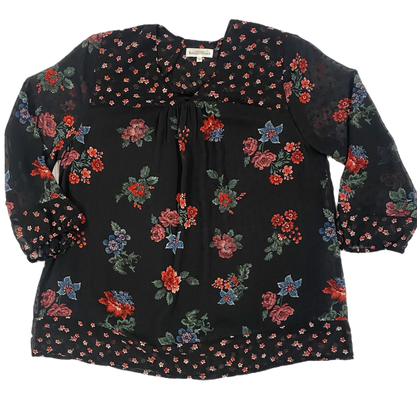 Northern Reflections Women's 3/4 Sleeve Floral Blouse – Black Pattern, Size Large front view