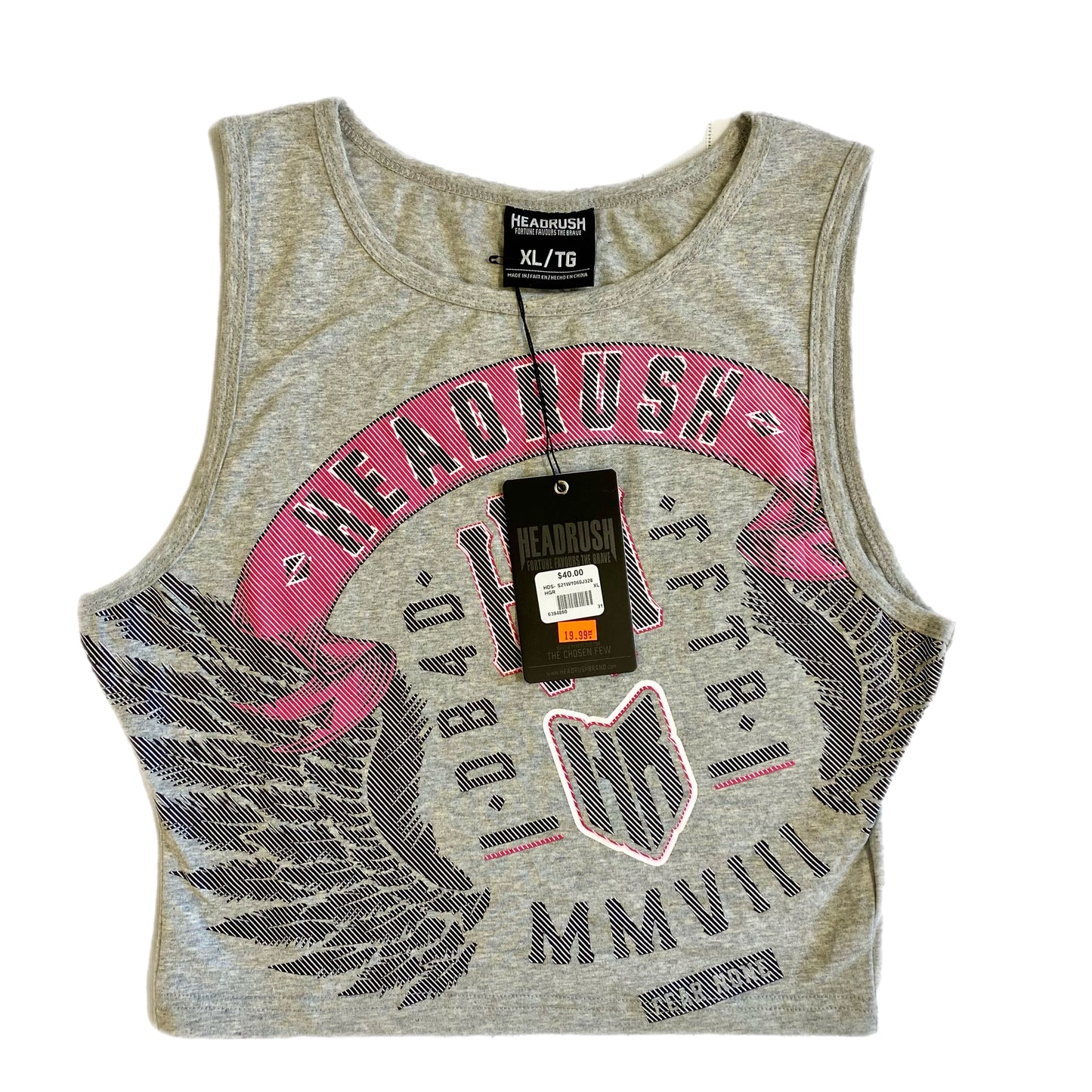 Headrush Women's Sleeveless T-Shirt – Grey & Pink, Size XL front view showing NWT