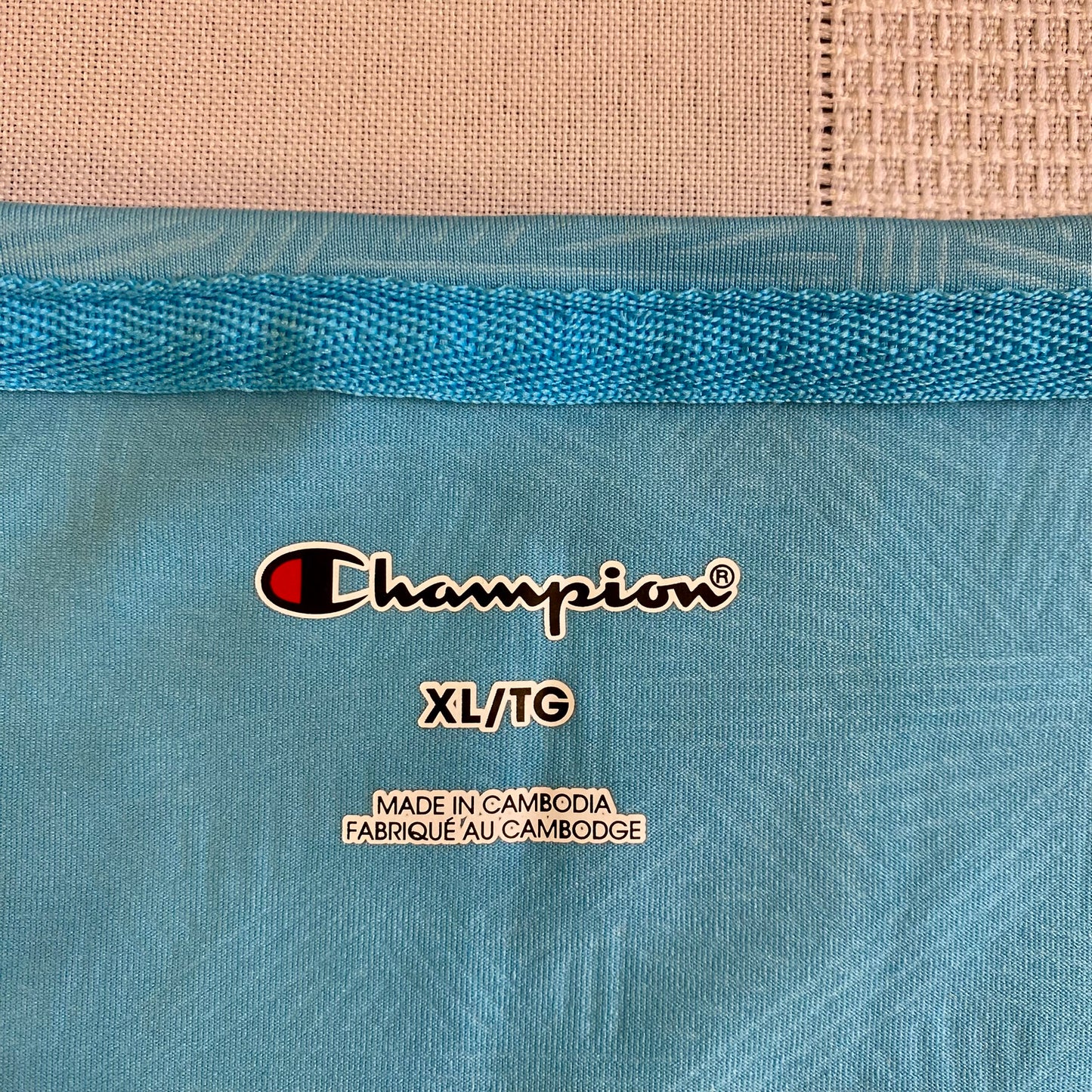Champion Women’s Athletic T-Shirt – Turquoise, Size XL view of branding on shirt