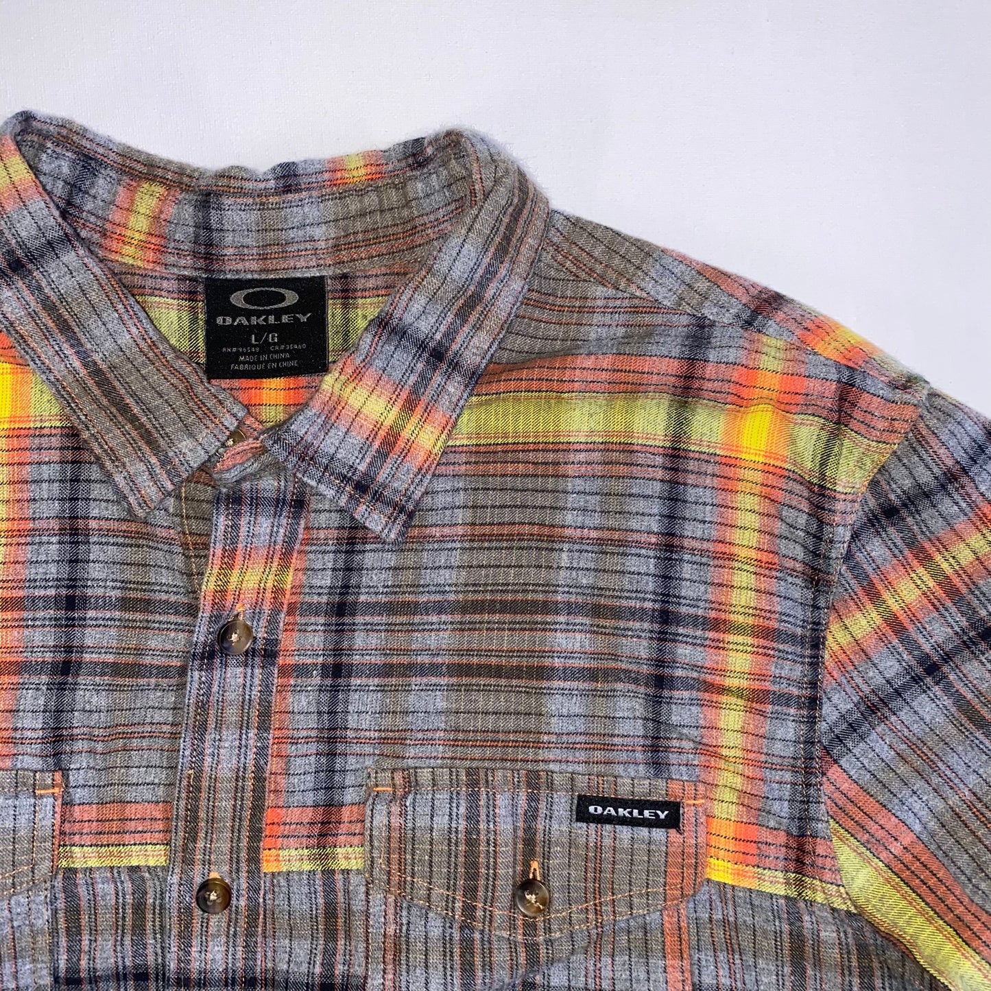 Oakley Men's Long Sleeve Button Up Shirt Grey Orange Plaid Size Large