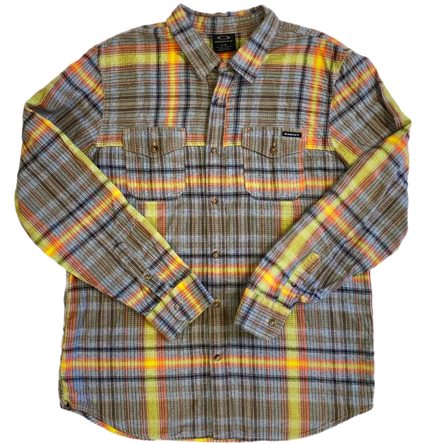 Oakley Men's Long Sleeve Button Up Shirt Grey Orange Plaid Size Large