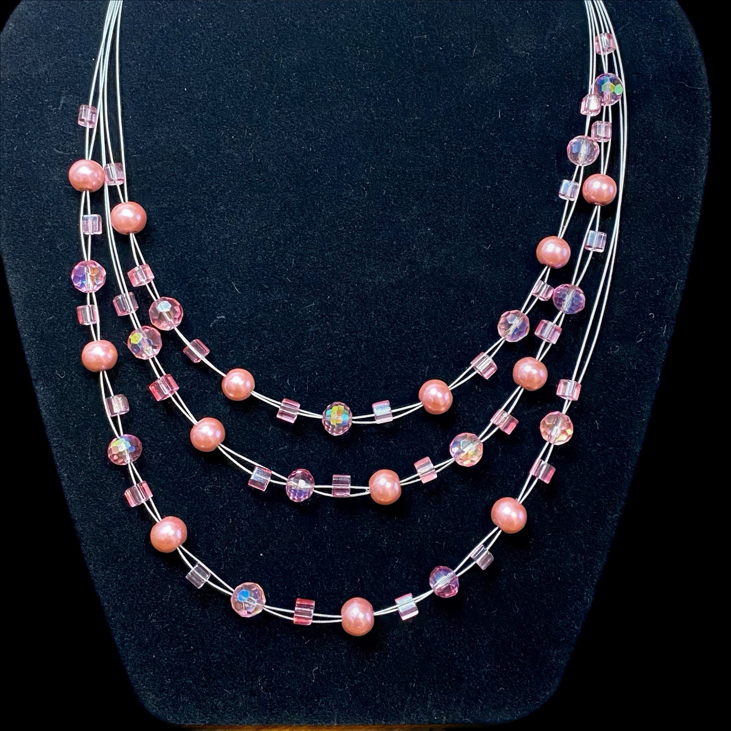 Women's Tri-Strand Pink Bead Fashion Necklace