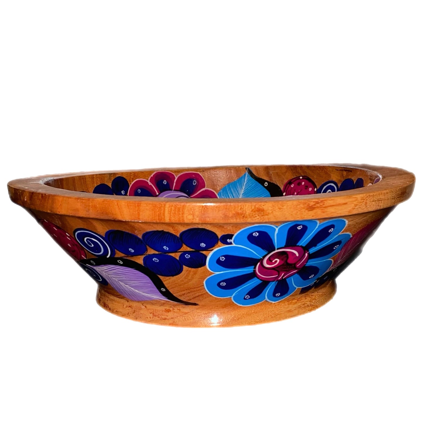 Hand Painted Mexican Wood/Floral Fruit Bowl Purple Blue