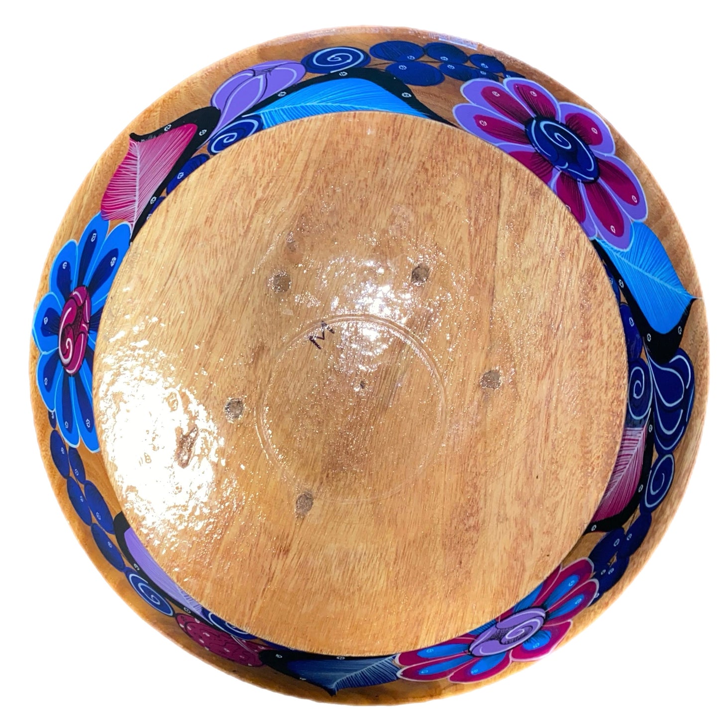 Hand Painted Mexican Wood/Floral Fruit Bowl Purple Blue