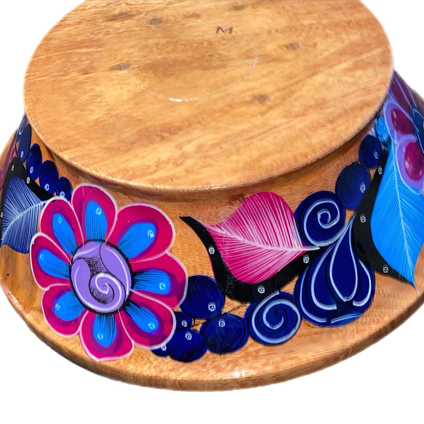 Hand Painted Mexican Wood/Floral Fruit Bowl Purple Blue