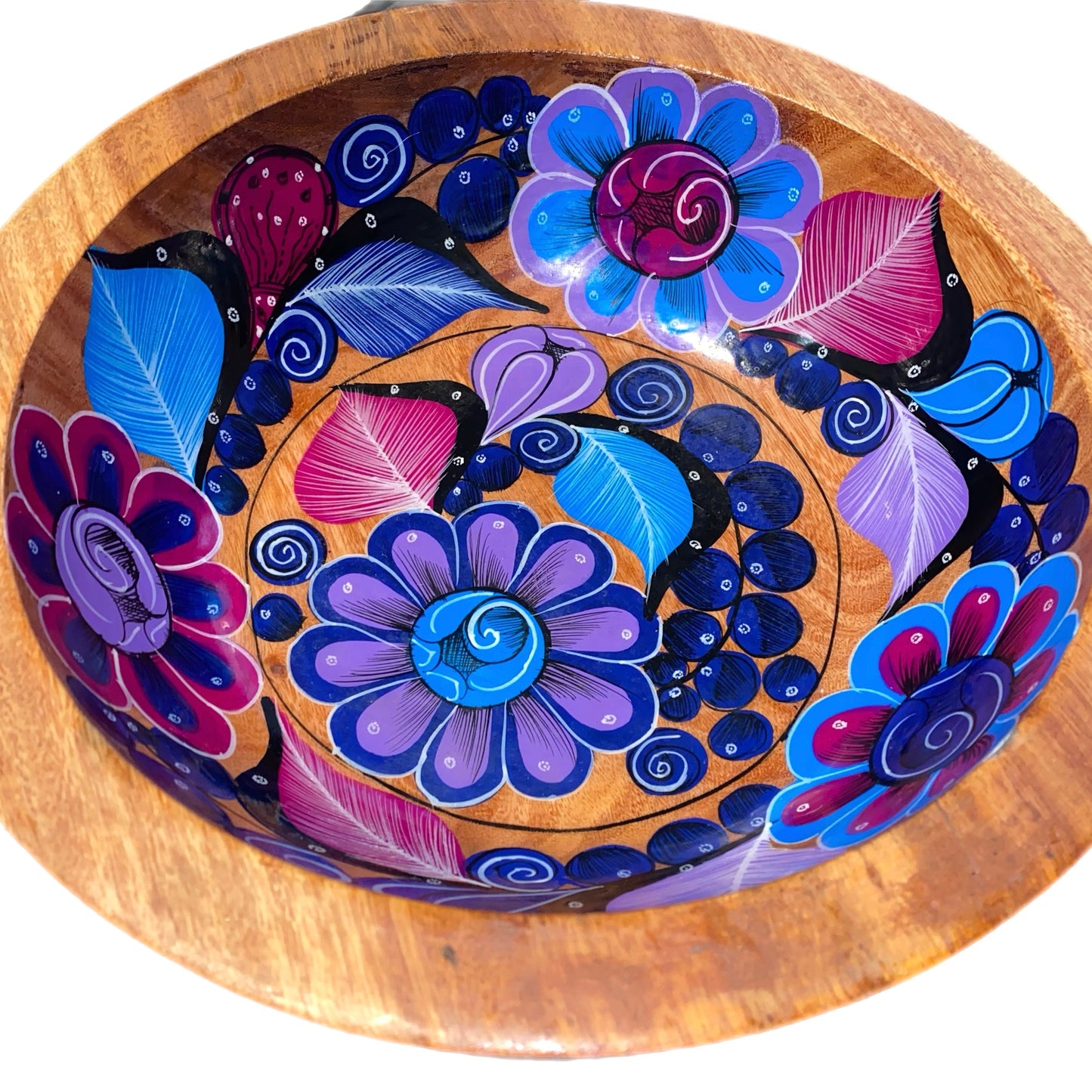 Hand Painted Mexican Wood/Floral Fruit Bowl Purple Blue
