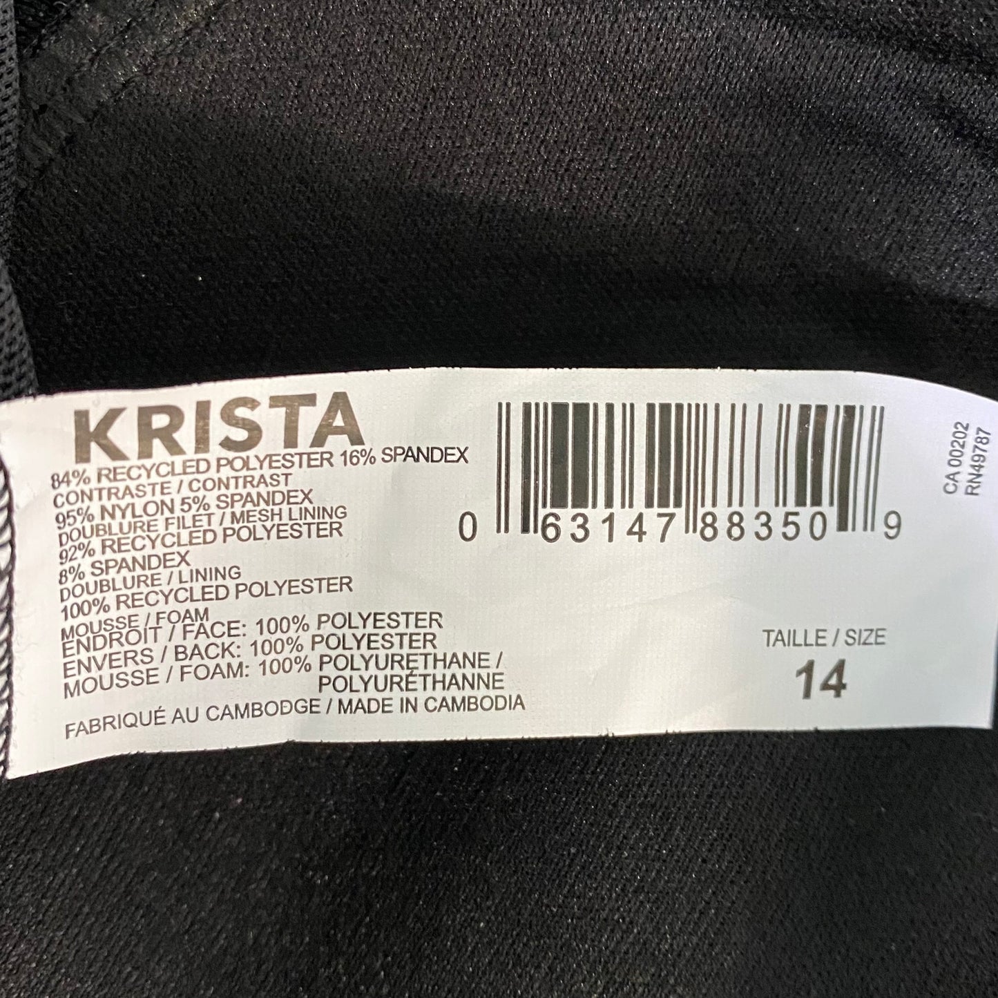 Krista Women's One-Piece Swimsuit | Size 14 | Black & White Floral product tag showing size 14