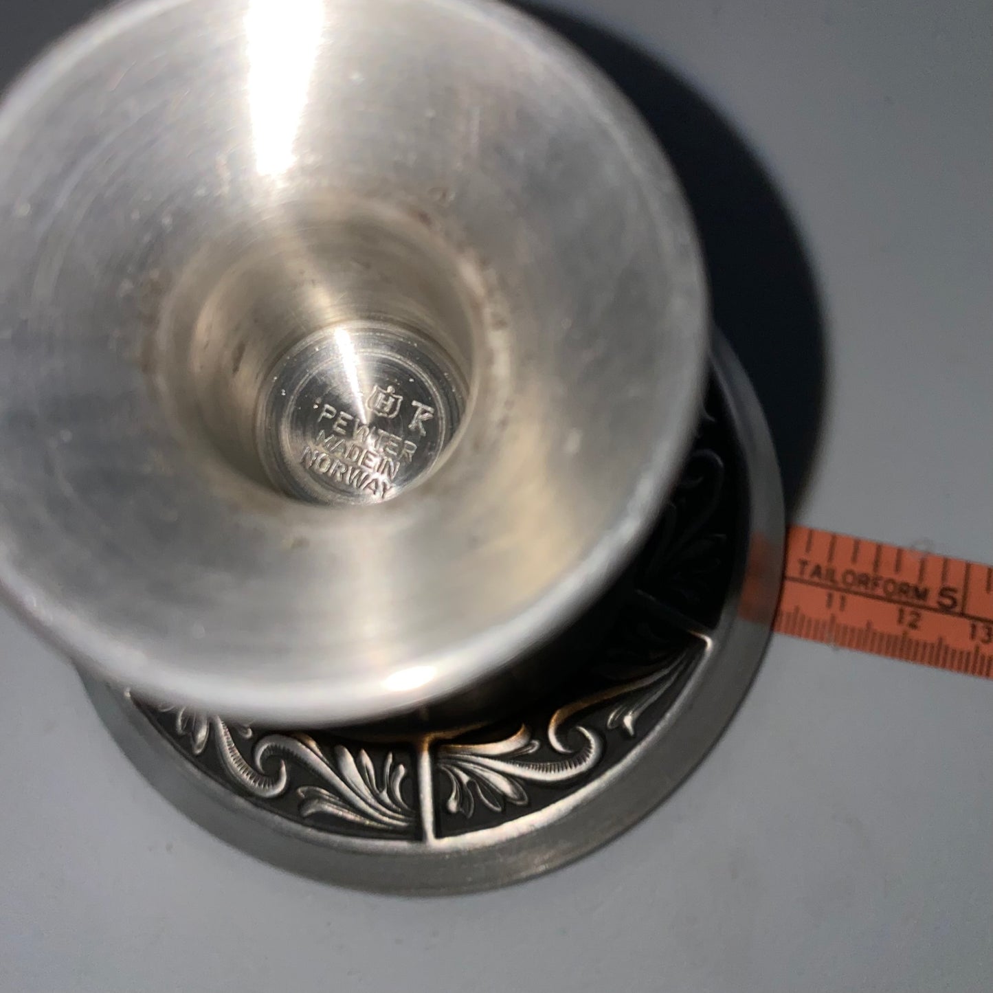 Vintage Norwegian Pewter Candle Holders – Ornate Embossed Base – Elegant Scandinavian Design